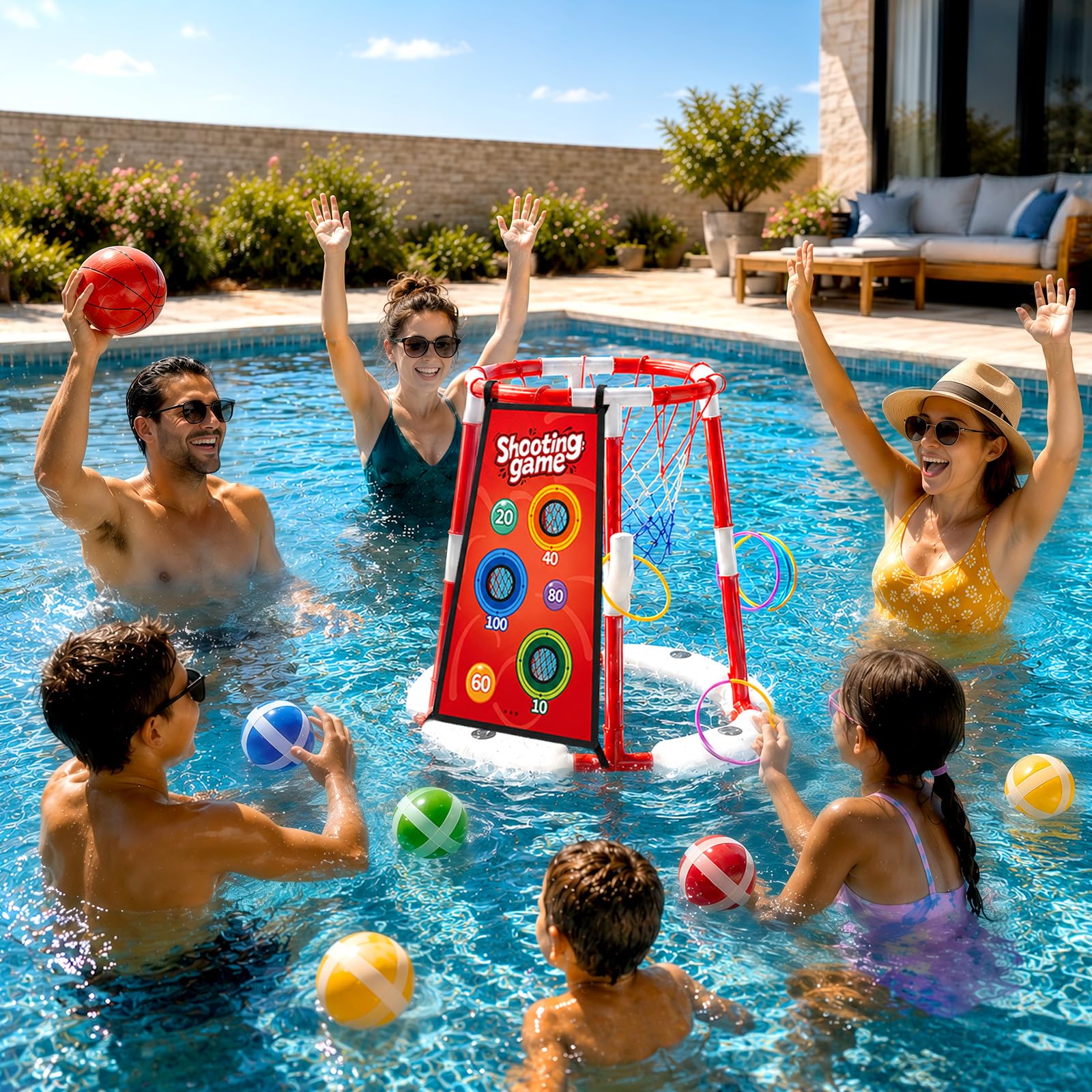 Canestro da basket 3 in 1 per esterni, con 4 palline da basket, 12 palline da lancio, 12 anelli, giocattolo da piscina, per feste hawaiane, piscina, spiaggia, bambini e adulti