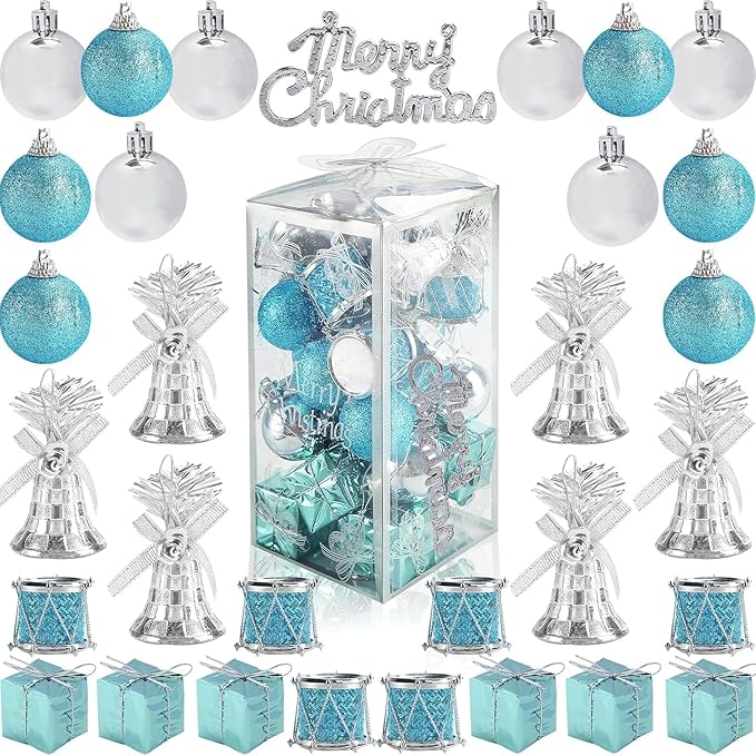 LOVEINUSA 32PCS Christmas Ball Ornaments, Blue Silver Christmas Tree Decorations Party Favors for Wedding Birthday Decorations