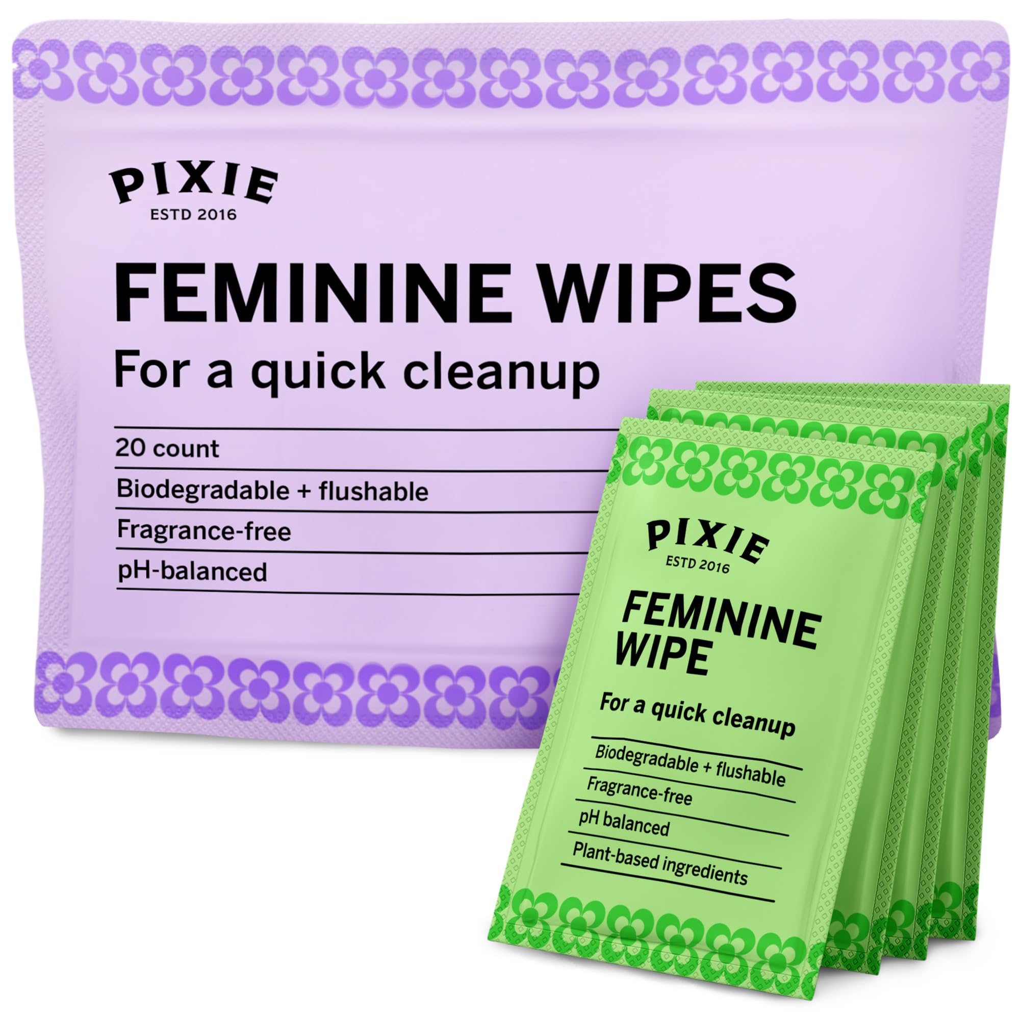 Pixie Cup Menstrual Travel Wipes - The Recommended Wipes for Your Period s - 100% Alcohol Free - Biodegradable - Flushable