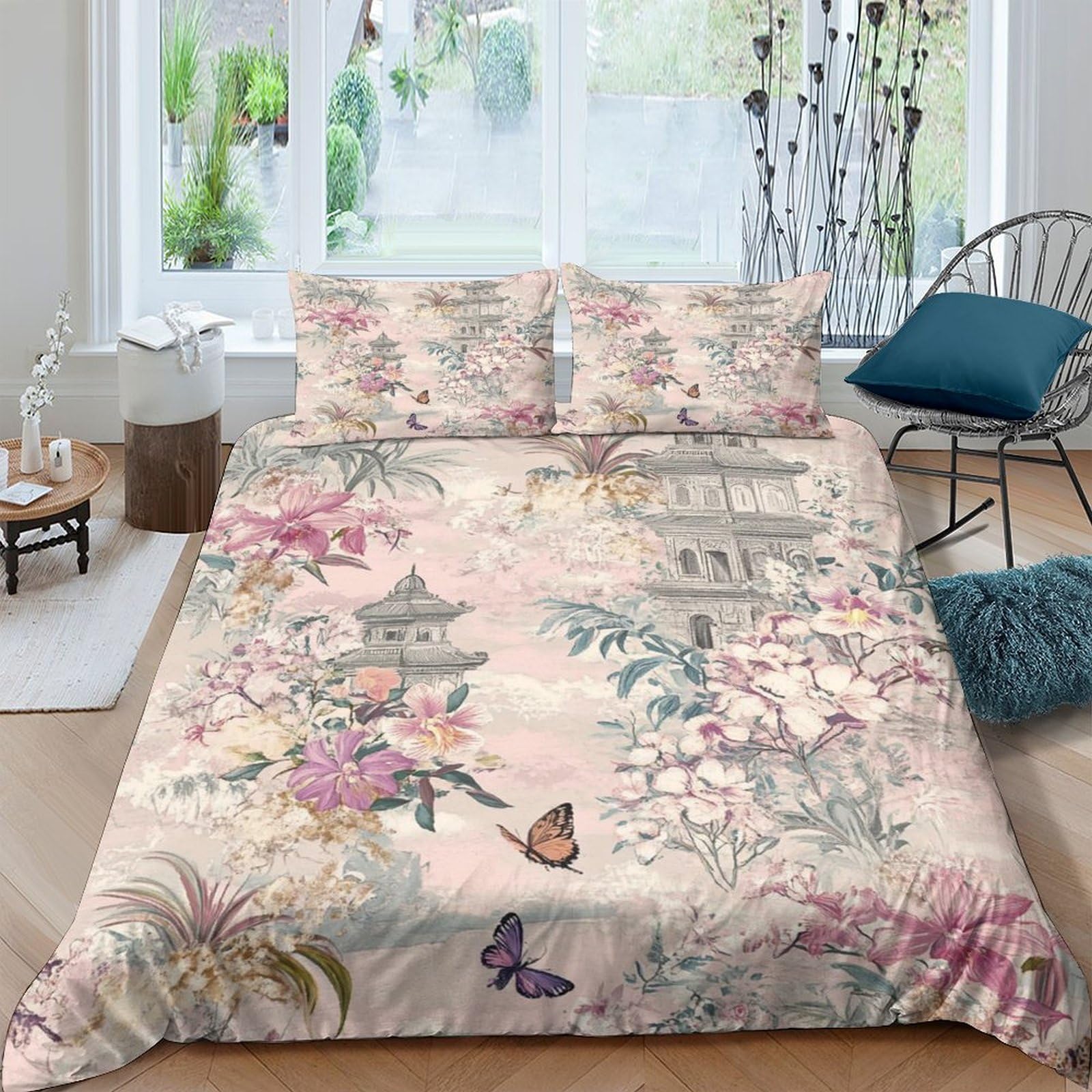 Ctjqhvkz Style-6 3D Printed Floral Butterfly Fitted Sheet Microfiber Soft Pink Botanical Bed Cover For Bedroom Guest Room Decor Single（135X200cm）