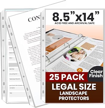 Legal Size Sheet Protectors 8.5x14 for 3 Ring Binder, 25 Pack Heavy Duty