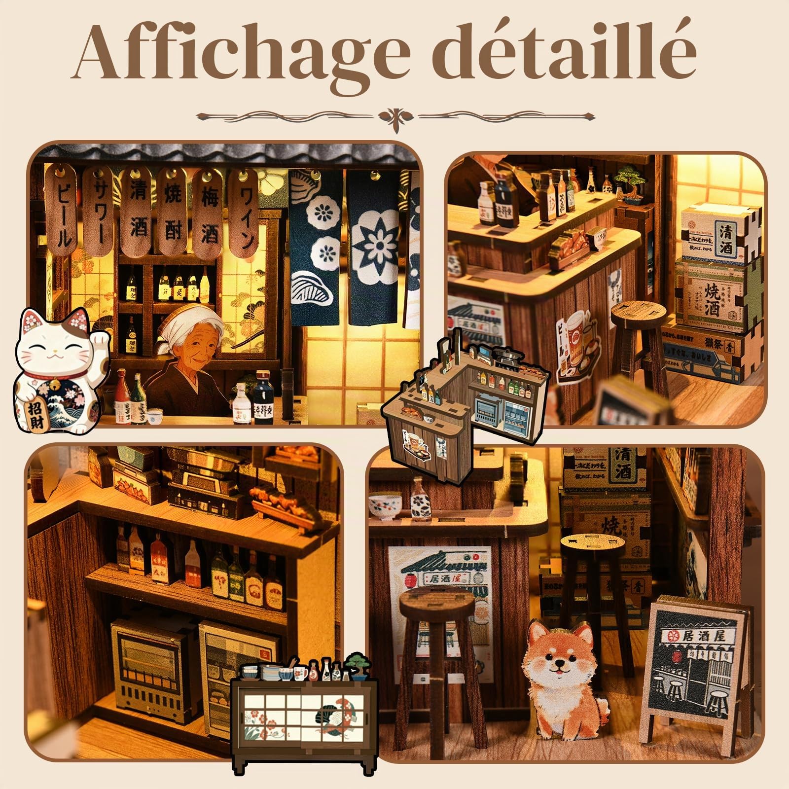 Japonais Bar à izakaya Kit Book Nook-Puzzle 3D Miniature en Bois avec LED