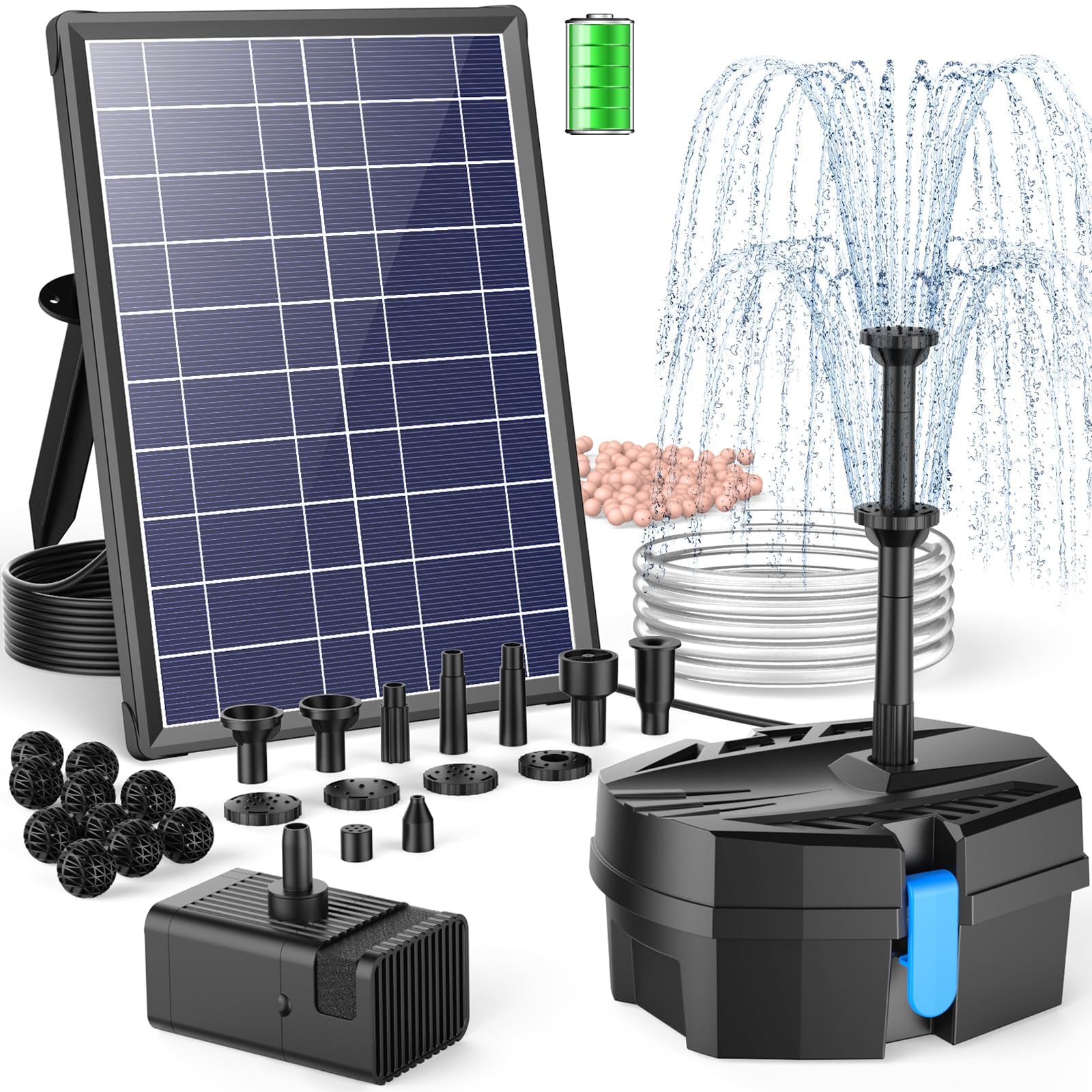POPOSOAP Solar Pond Filter with Water Fountain, 8W Solar Water Pump with Filtration System, 8 Spray Modes & 3600mAh Battery Backup for Outdoor Small Ponds, Bird Baths, Water Features
