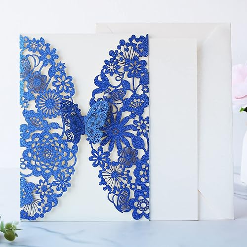 Miniatura 7 de Hosmsua 50 invitaciones de quinceañera de mariposa azul rey y sobre de 5.12 x 7.3 pulgadas, corte láser, flora de encaje, invitación de quinceañera