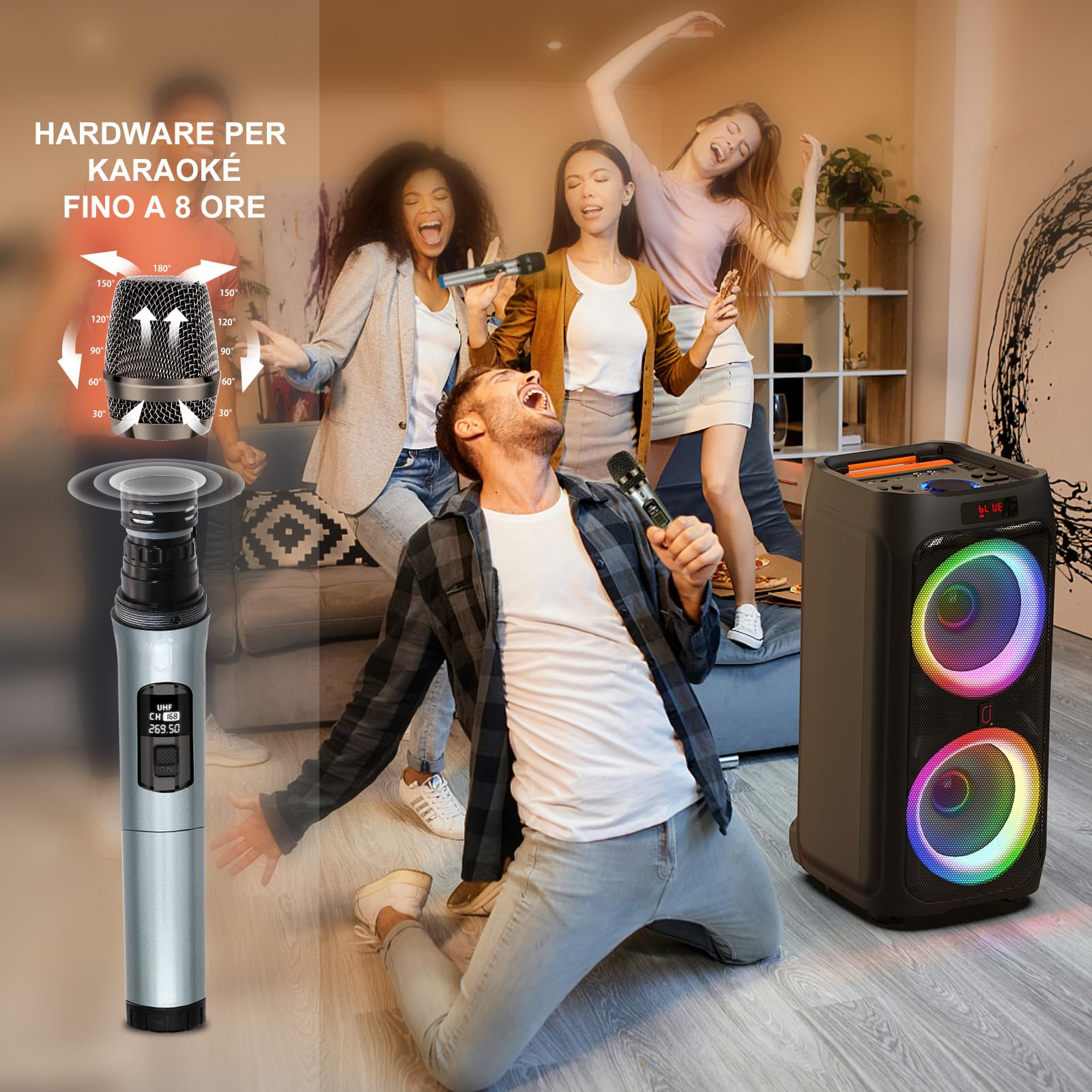 HWWR Karaoke con 2 Microfoni Wireless per Adulti, Altoparlante Bluetooth da 8" con potenza di picco di 500W, Sistema PA con Luce Discoteca LED, Ruote Rotanti e Carrello, Perfetto per Casa all'Aperto