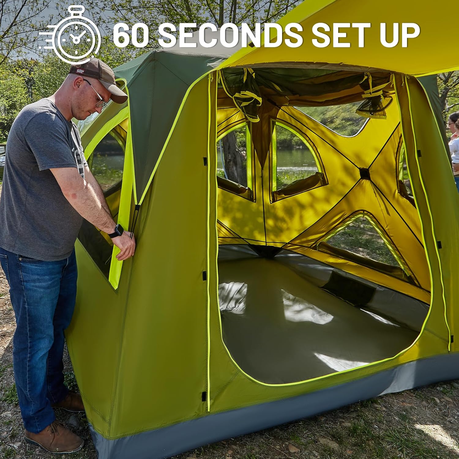 TIMBER RIDGE Camping Tent, 4 Person Instant Pop Up Hub Tent with 8 Windows, Easy 60 Second Setup, Weather Resistant Family Cabin Tents with Rain Fly for Camping, Hiking, Outdoor Travel