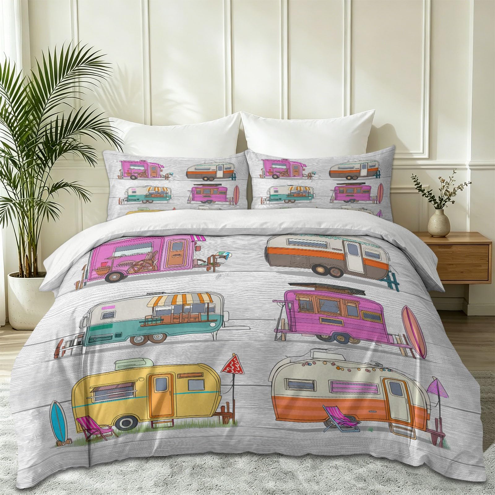 Amerikanischer Vintage Bettwäsche 180 x 200 cm, Wohnmobil Camper Surfbrett Lichterkette 3 teilig Weiche, Microfaser Bettwäsche, Deckenbezug mit Reißverschluss und Kissenbezüge, Weiß