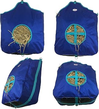Majestic Ally Nylon Hay Feeder Tote Bag for Horse, Goat, Sheep - Double Sides Open Feed Hole with Faux Leather Ventilated Bottom- Premium Quality -Simulates Grazing - Reduces Waste Royal Blue
