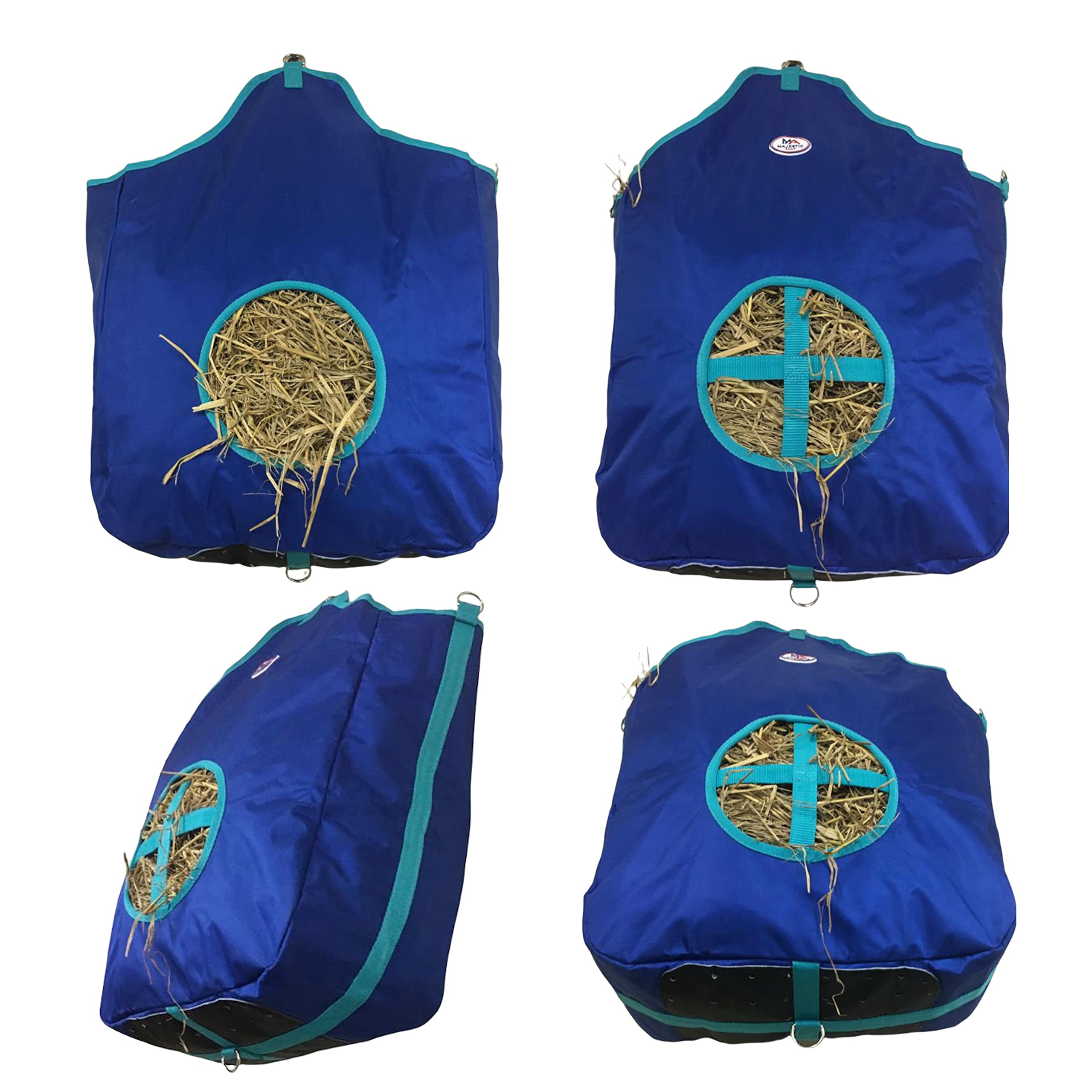 Majestic Ally Nylon Hay Feeder Tote Bag for Horse, Goat, Sheep - Double Sides Open Feed Hole with Faux Leather Ventilated Bottom- Premium Quality -