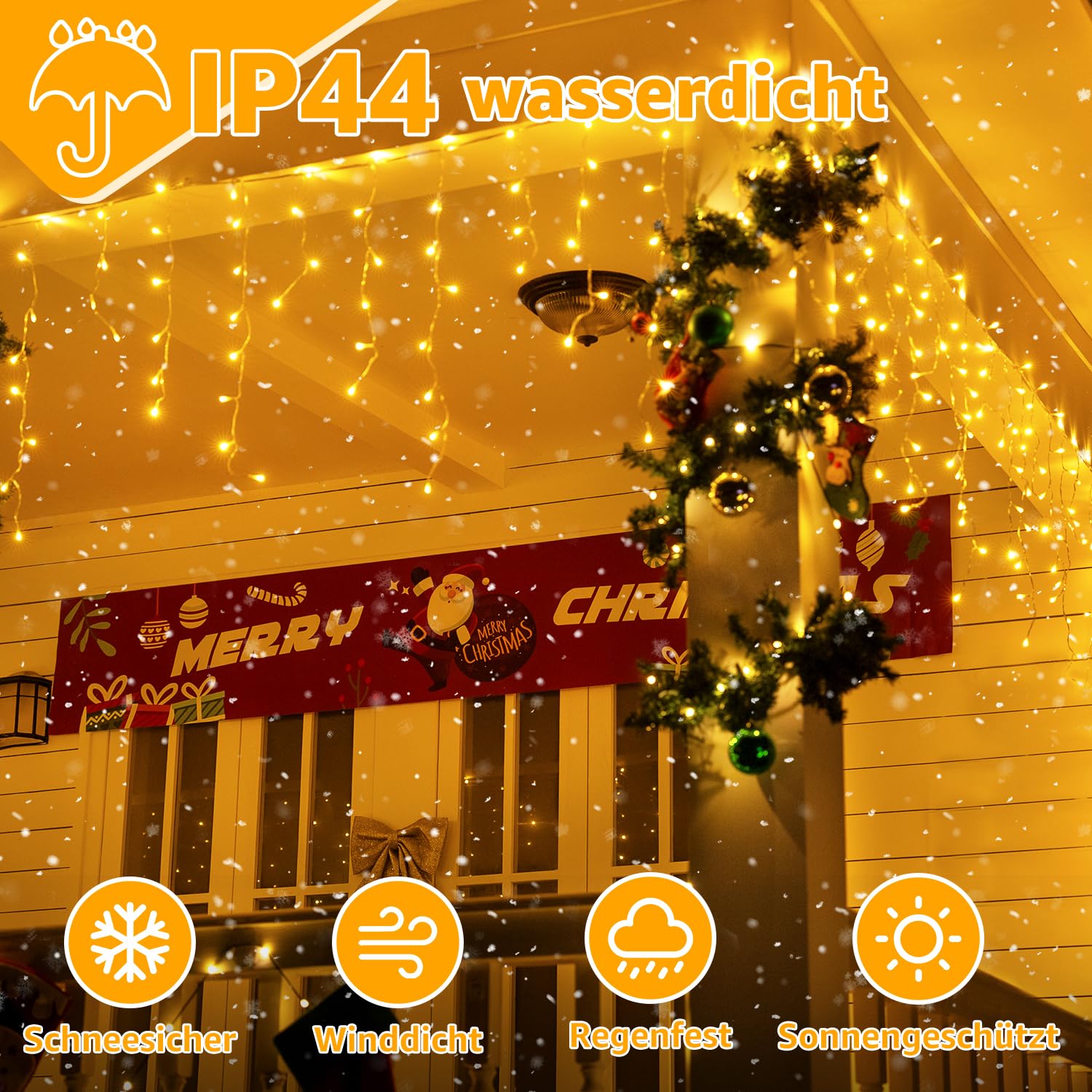 Ollny Eisregen Lichterkette Außen 15M 600 LED Warmweiß Timer dimmbar | Weihnachtsbeleuchtung Außen mit Stecker Fernbedienung Wasserdicht 8 Modi für Balkon Dachrinne Fenster Haus Geländer
