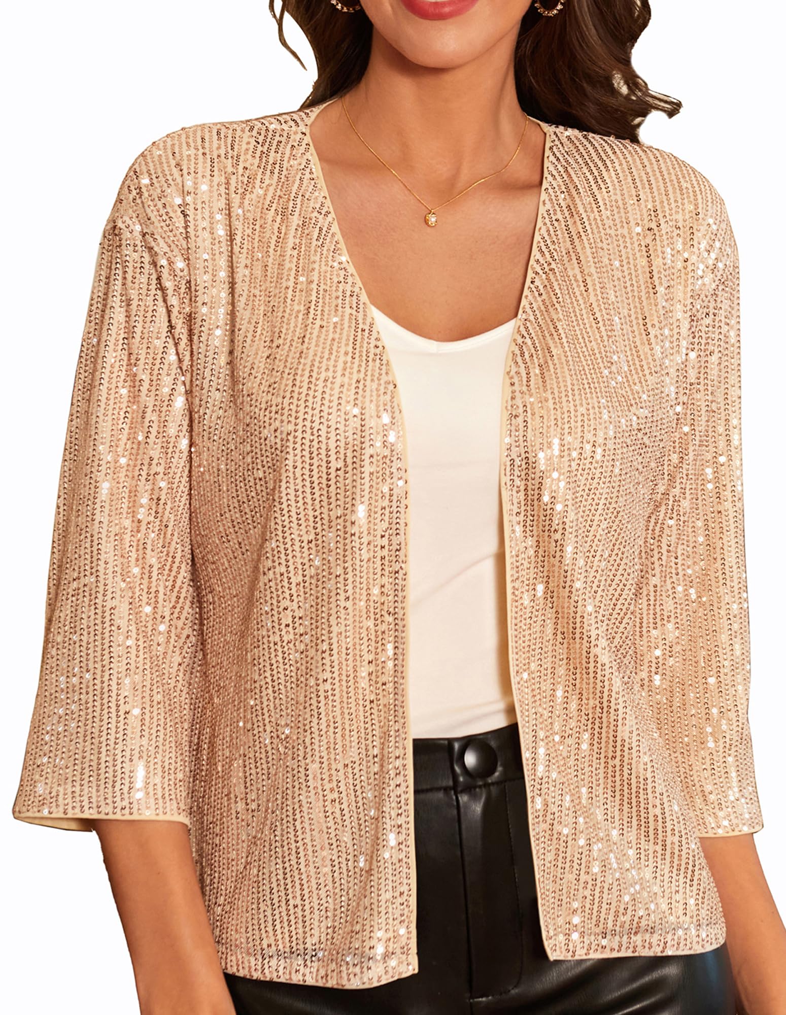 GRACE KARIN Dames Business Casual Cropped Pailletten Cardigan Open 3/4 Mouwen Kort Licht Jack Mantel Gebreide Jas, Blauwgroen Glinsterend, M