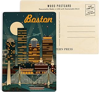 Boston, Massachusetts, Retro Skyline (4x6 Birch Wood Postcards, 2-Pack Stationary, Rustic Home Wall Decor)