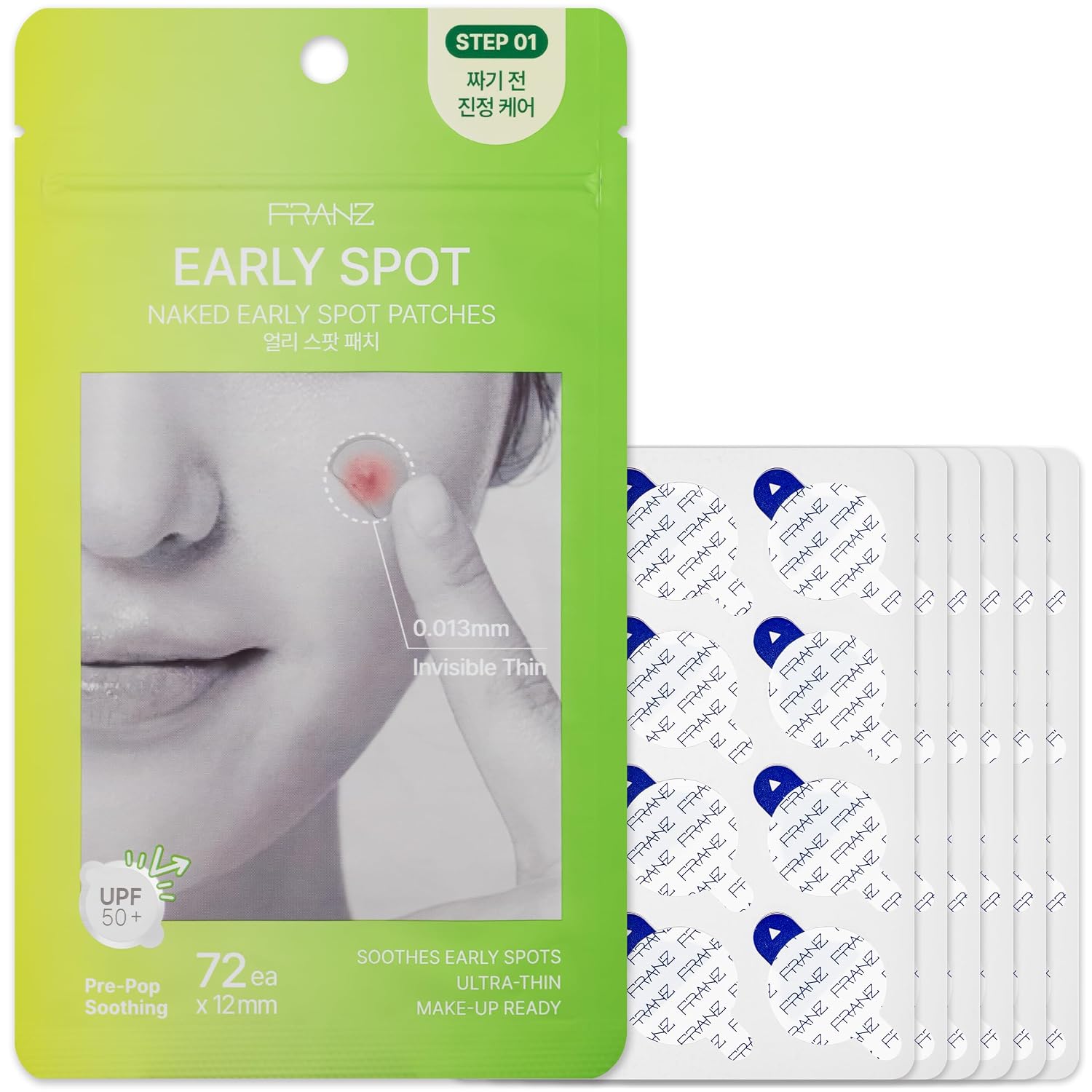 FRANZ Blind Pimple Patches for Early Breakouts, Invisible (72 Count) | 0.013mm non-hydrocolloid film with Cica, Tea Tree & bee venom Melittin. Clear under makeup for early under-skin bumps
