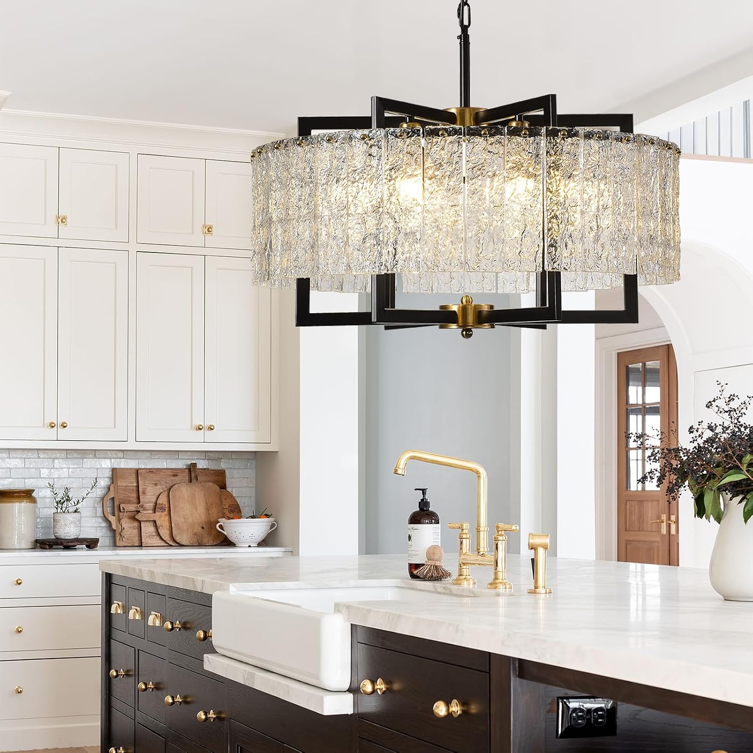 6-Light Black Crystal Chandeliers 24 inch Drum Modern Farmhouse Chandelier Light Fixture Water Ripple Glass Chandeliers for Living Room, Dining Room, Bedroom, Kitchen