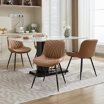 Dining Room Chairs Set of 4, Faux Leather Mid Century Accent Furniture Kitchen Chairs with Metal Leg, Comfortable Ergonomic Upholstered Dining Chair Large Padded Side Chair comedor 4 sillas Khaki