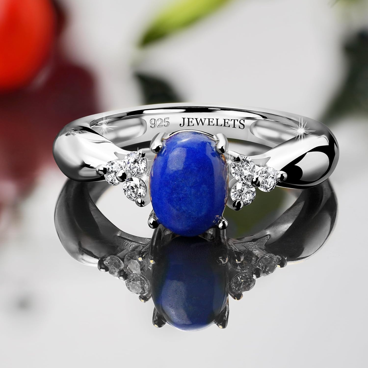 Lapis Lazuli Silver Ring 6x8mm with 6 CZ Side Stones – Oval Prong Setting | Rhodium Plated Sterling Silver - Image 6