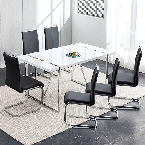 Miniatura 8 de Juego de sillas de comedor para 6, mesa de cocina rectangular moderna de 55 pulgadas con sillas acolchadas de cuero, juego de mesa de comedor de 5