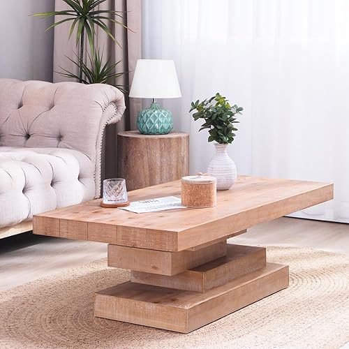 Miniatura 40 de SSLine Mesa de centro rectangular de madera antigua de 45.2 pulgadas para sala de estar, mesas auxiliares de almacenamiento de 2 niveles con patas