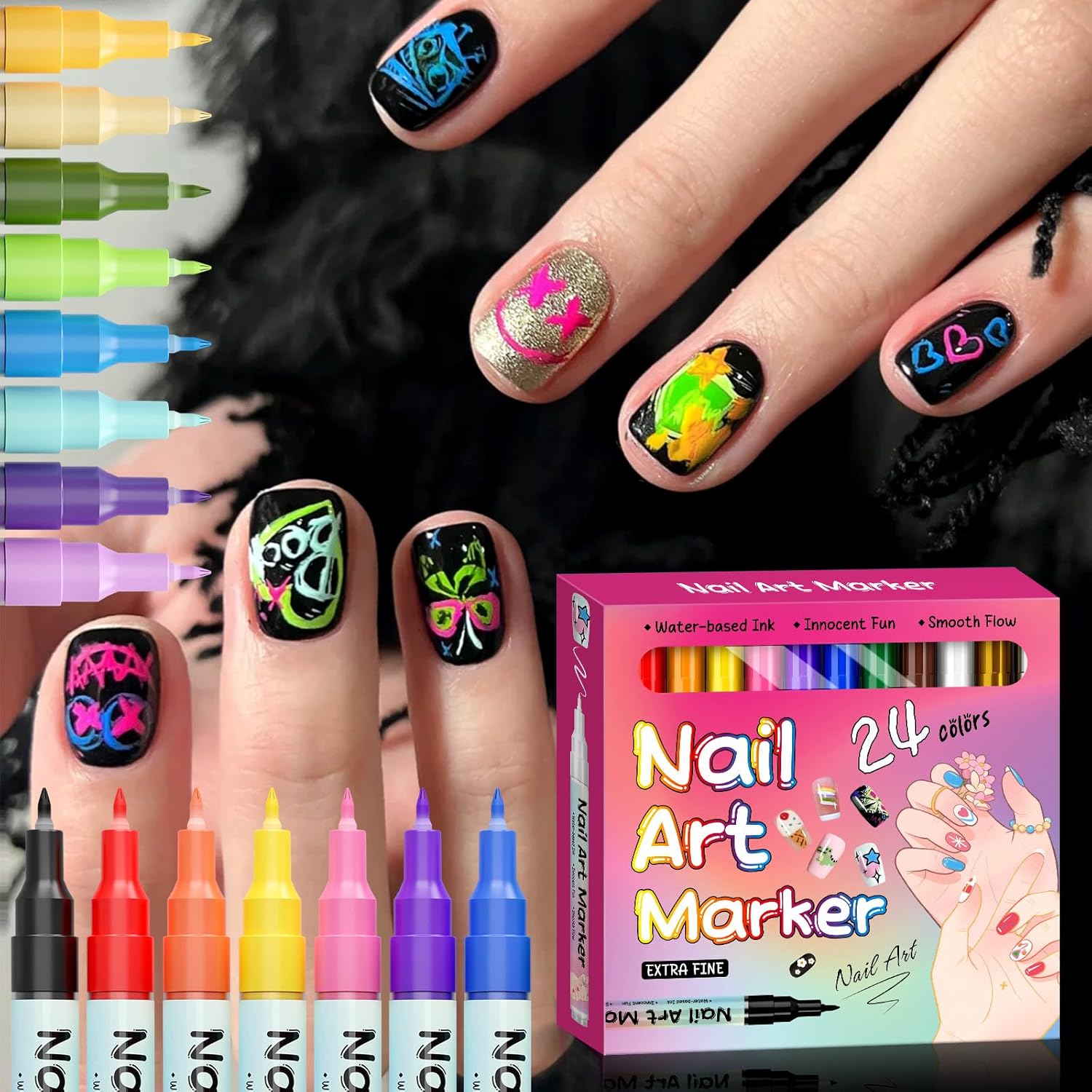 Waterproof Nail Art Pen, 12 Colors Nail Art Pens Set, 2026 New 𝐍ail 𝐀rt Marker 𝐏ens, 0.5mm Precision Tip, Quick-Drying, Portable DIY Manicure Tools for Home Salon, Beginner-Friendly (24Colors)