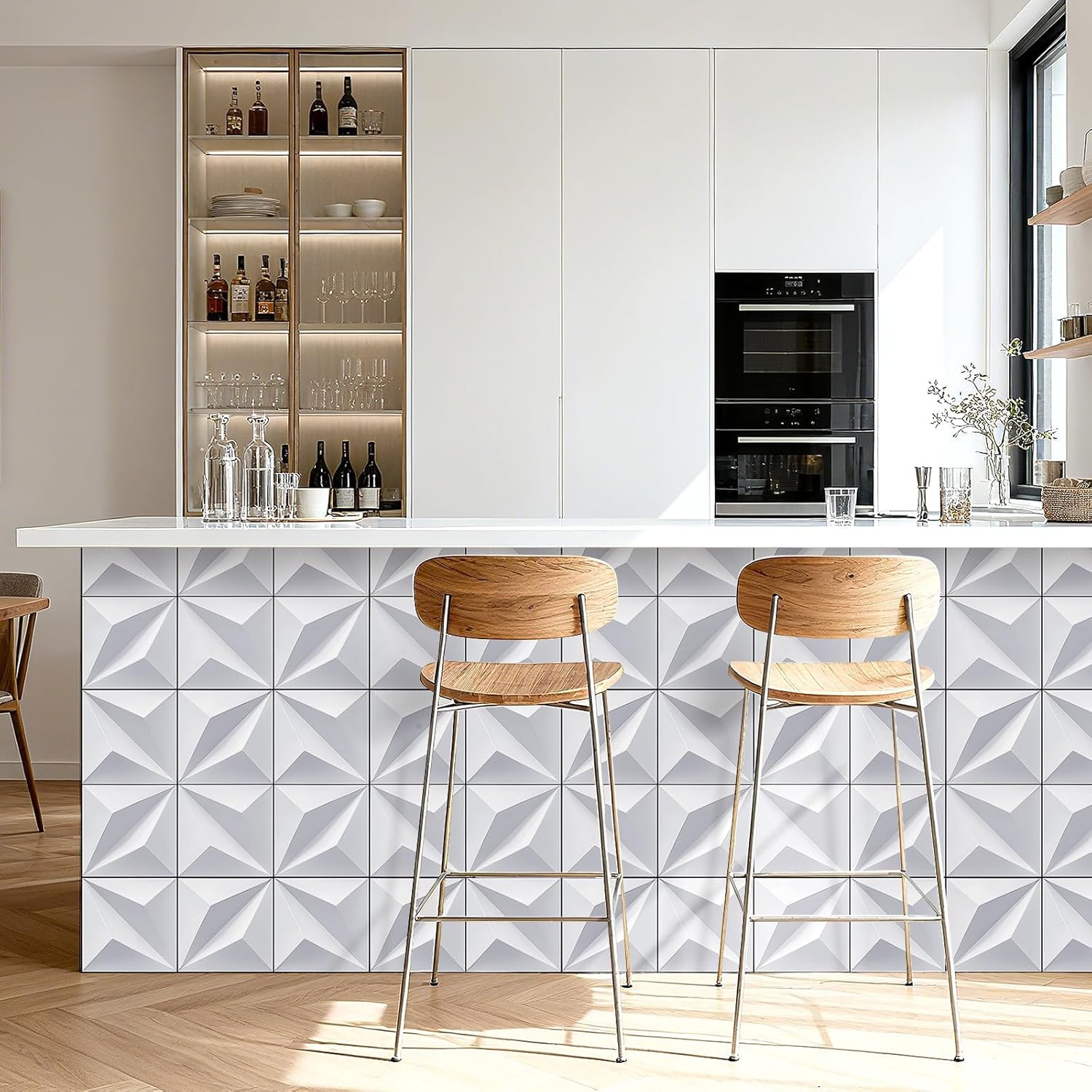 YENHOME Faux 3D Embossed Geometric Peel and Stick Wallpaper 17.5"X118" White Textured Self-Adhesive Wall Panels Waterproof Removable Vinyl Mural for Bathroom Backsplash Accent Walls Home Decor