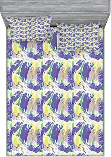 Ambesonne Abstract Fitted Sheet & Pillow Sham Set, Brushstroke Pastel Colors Retro Hipster Funky Modern Demonstration, Decorative Printed 3 Piece