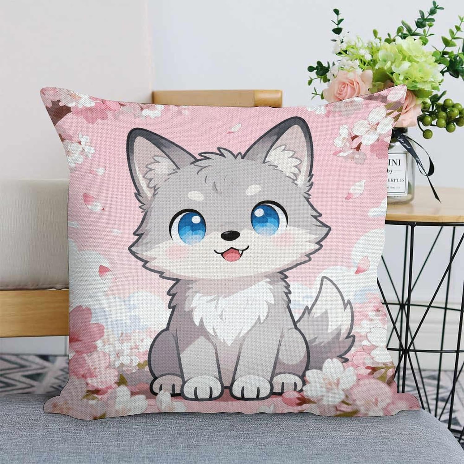 Kawaii Wolves Flower Pillow Protectors Cute Waterproof Pillow Cover Soft Skin-Friendly Cushion Case Decorative Square Cushion Cover for Couch Sofa Bed Living Room Bedroom