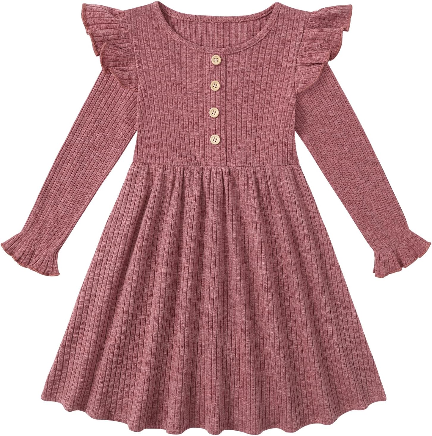 ESHOO Toddler Girl Dress Girls Sweater Dresses Ruffle Long Sleeve Ribbed Knit Casual Fall Dresses for Kids 2-7 Years