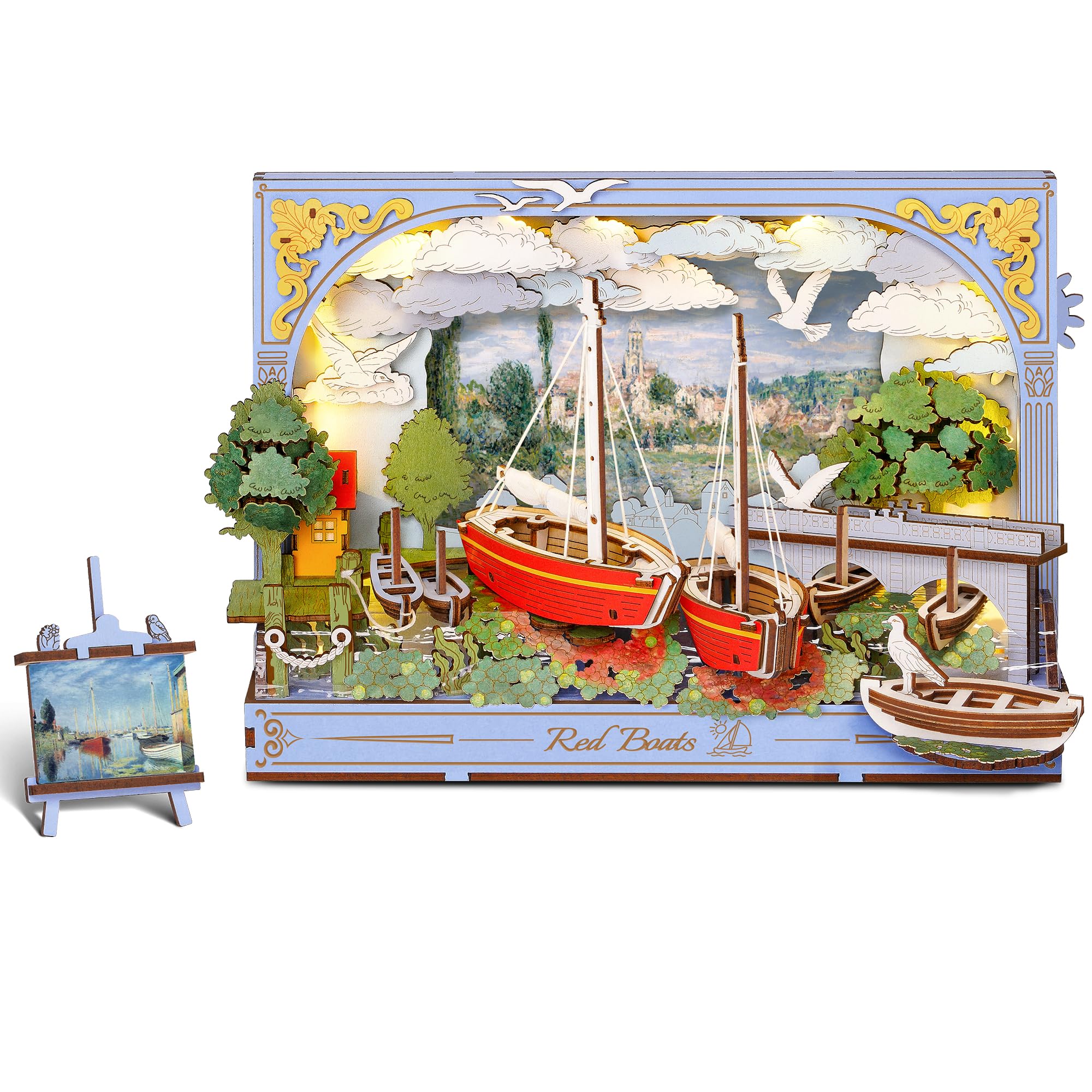 ROBOTIME 3D Wooden Puzzle Red Boats, Monet Inspired Wooden Art Kit with LED Light, DIY Model Kit for Adults, Hangable Wall Decor, Creative Craft Gift for Art Lovers