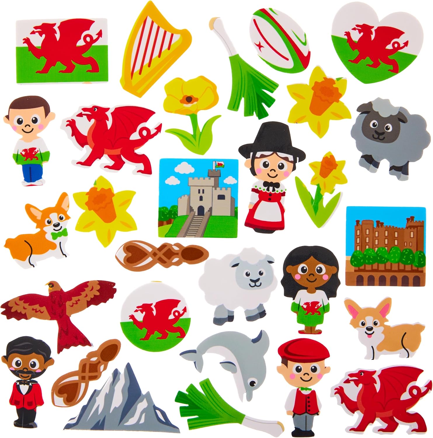 Baker Ross FX988 Wales Foam Stickers - Pack of 150, Welsh Stickers for Kids Crafts and Cards