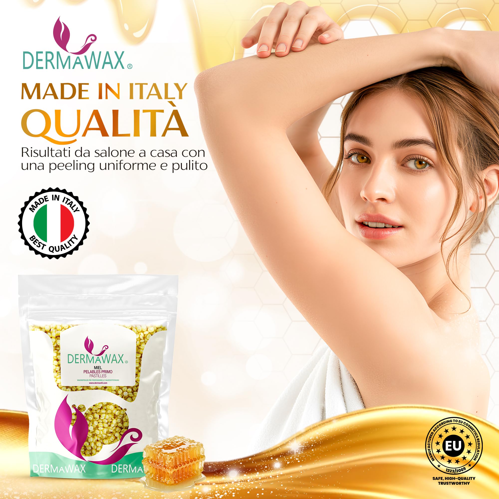 Dermawax 1kg Cera Brasiliana al Miele – Depilazione a Caldo Senza Strisce per Viso, Ascelle, Gambe e Linea Bikini – Formula Professionale Made in Italy per Pelli Sensibili – Risultati Lisci e Duraturi