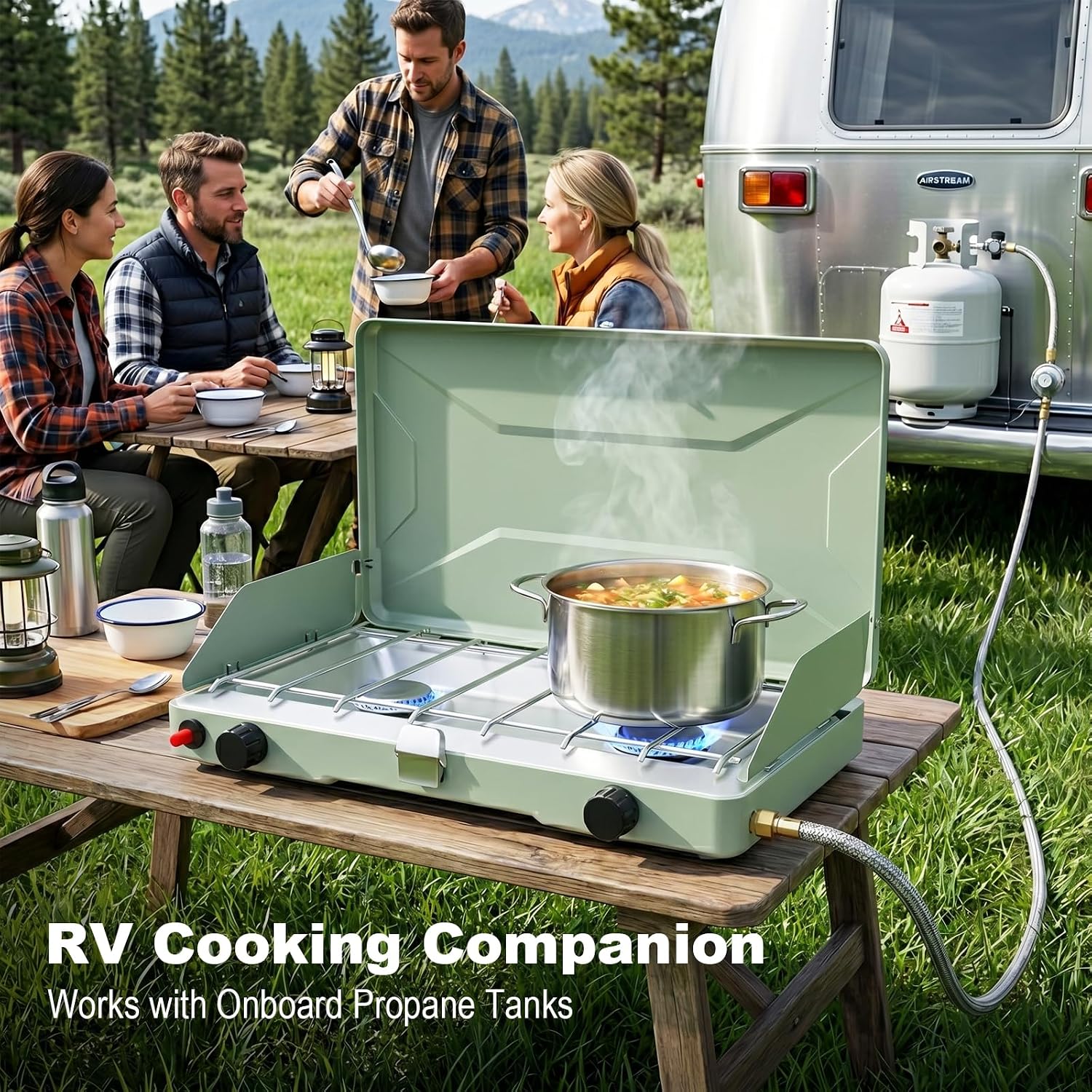 Portable Camping Stove, Propane Gas Camping Cooktop, 2 Burner, 20000 BTUs, Windscreen, Instant Ignition with Adjustable Burners Pressure Regulator for Camping Cooker BBQ Tailgating RV (Light Green)