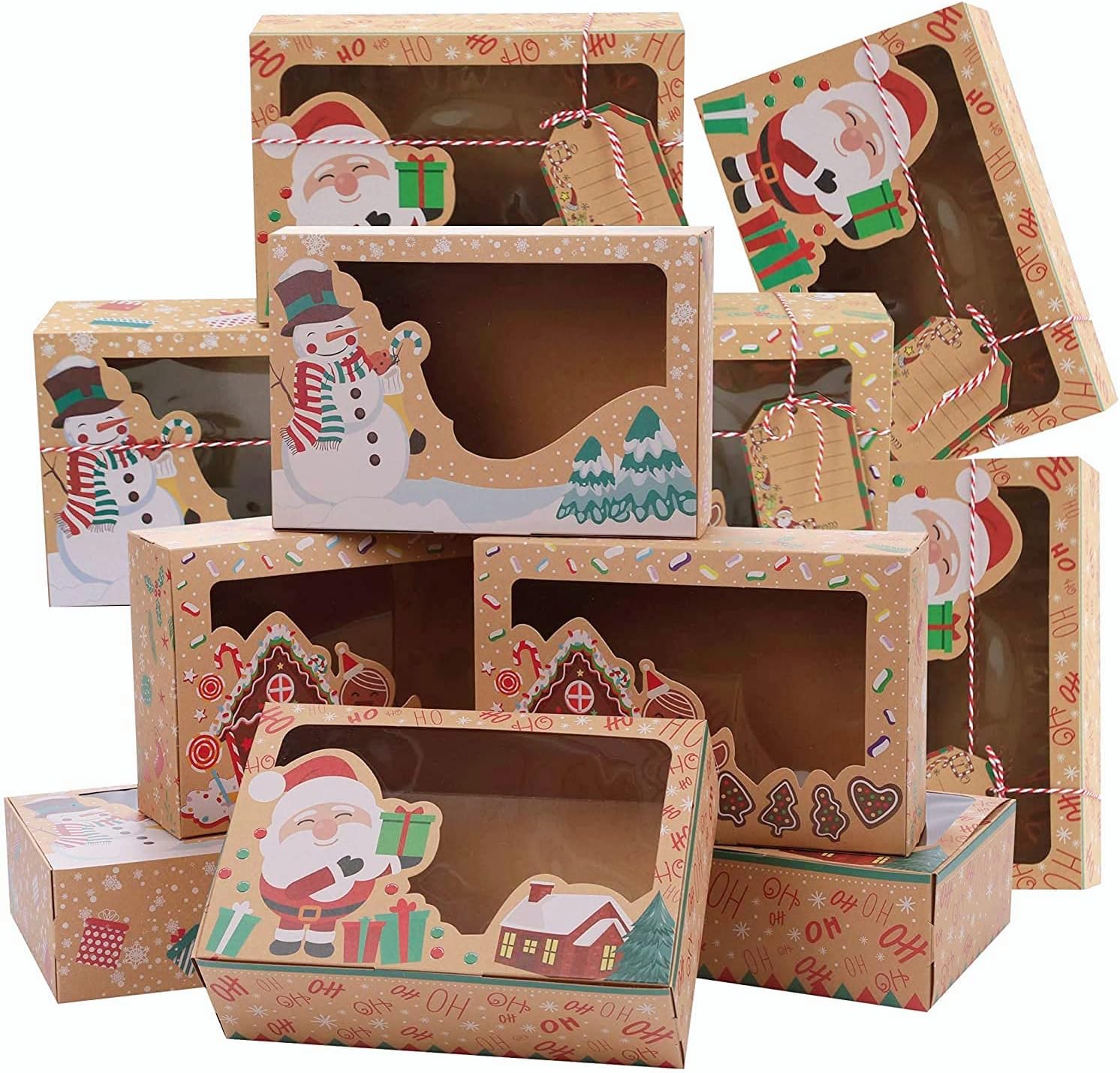15 Pack Christmas Cookie Gift Boxes Treat Boxes for Holiday Gift Giving and Christmas Party Supplies, Christmas Kraft Paper Food Bakery Boxes with Clear Window, Oilpaper and Ribbons