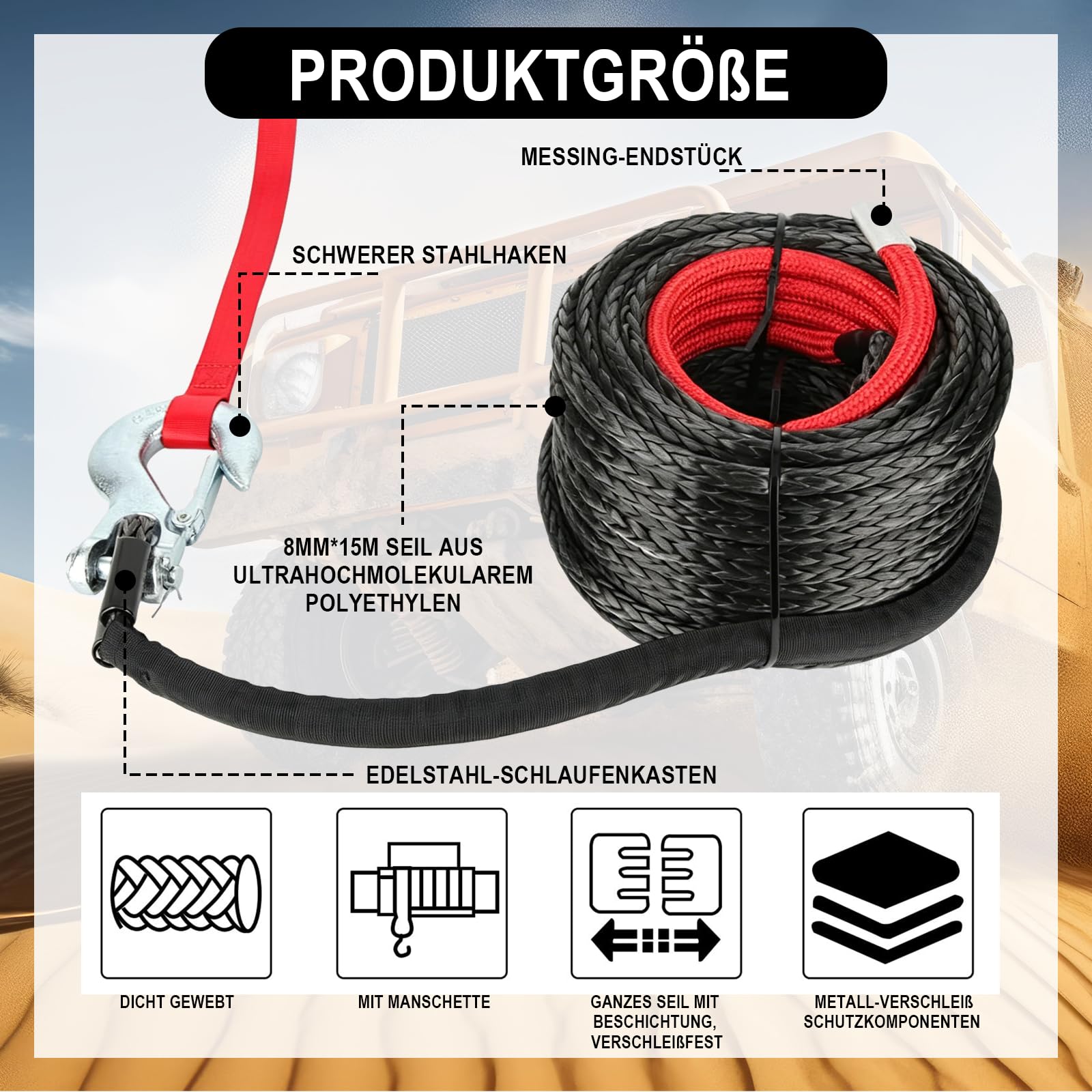 Abschleppseil Auto 8mm x 15m aus Nylon mit U-förmigen Haken | Abschleppseil PKW mit Tasche und Handschuhe, Berge Seil für SUV, Offroad und Notfälle