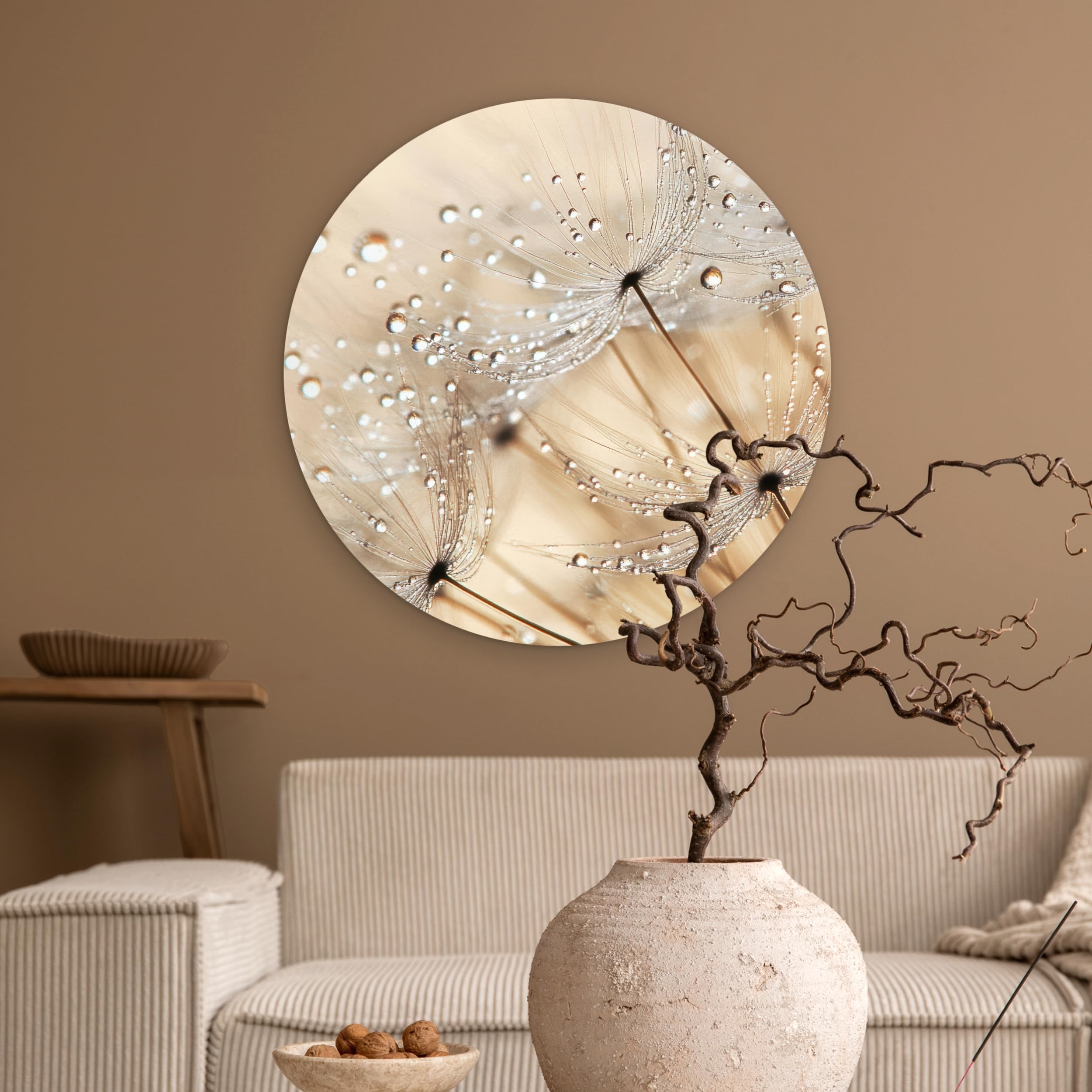 MuchoWow© Cuadro Redondo Ø60 cm Árbol El Grandes Room Decor Terraza Exterior Casa Cabecero Cama Wall Art Dormitorio Habitación Dimensiones Diente de león - Abstracto - Naturaleza - Beige