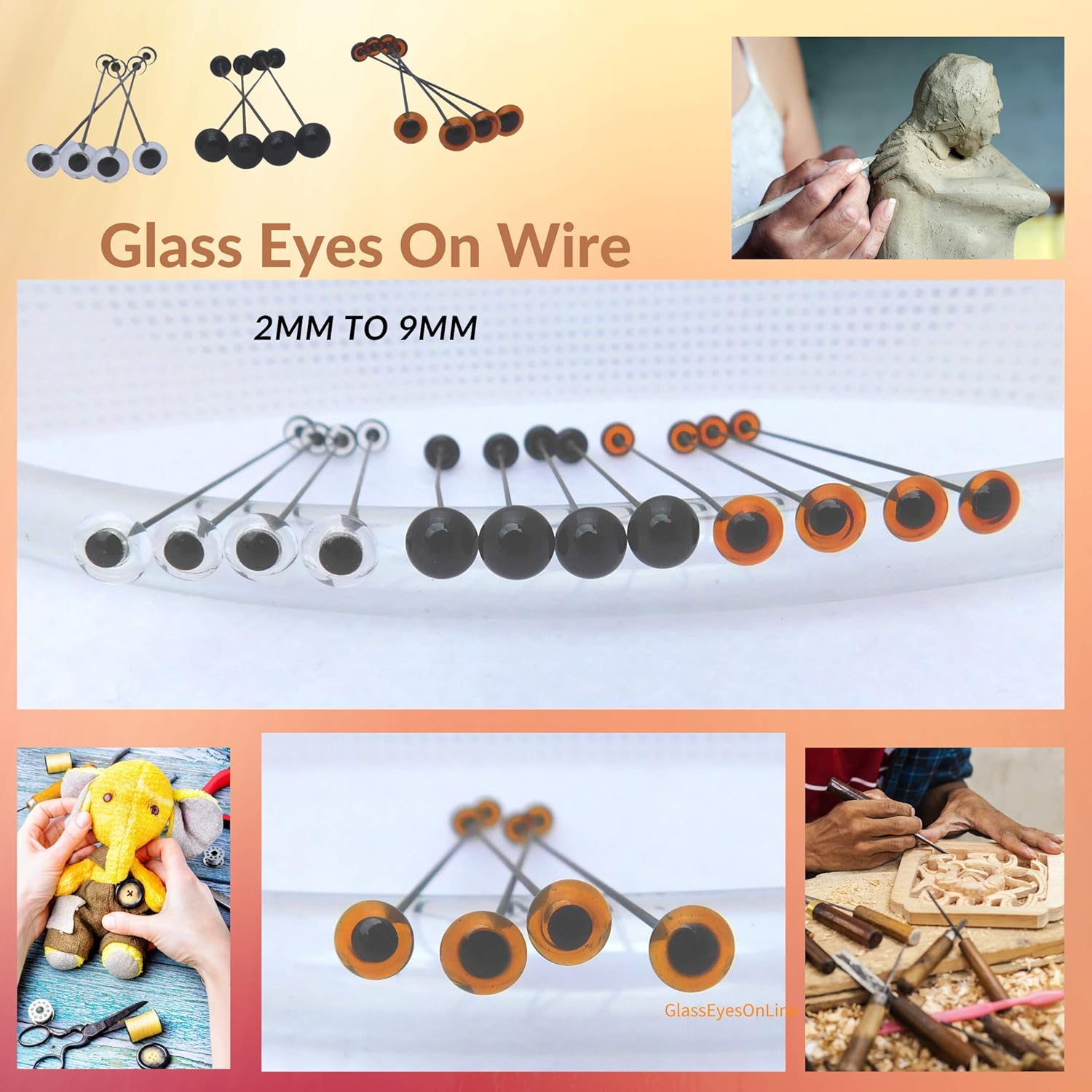 4 Pair Glass Eyes On Wire (8mm, Black)