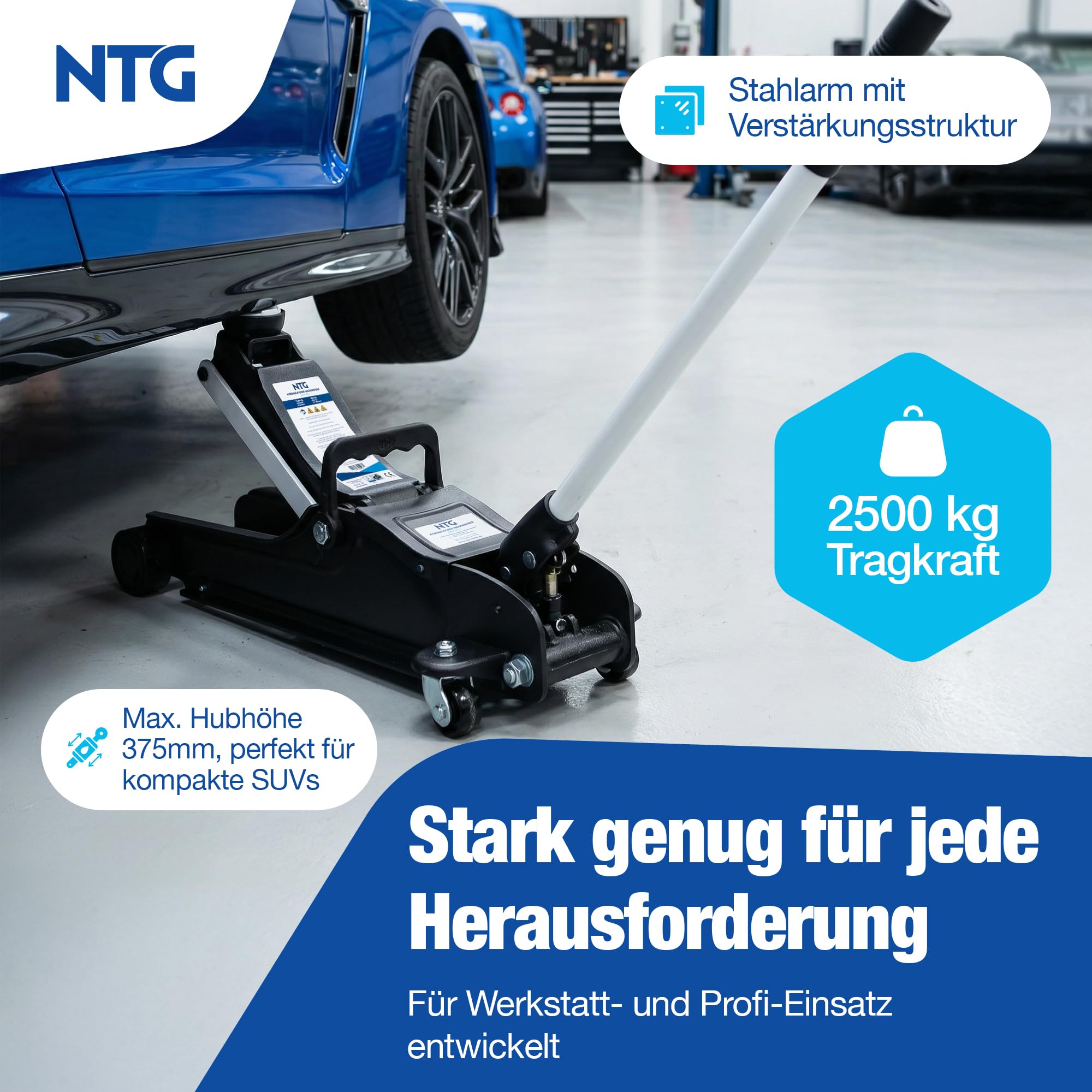 Wagenheber Hydraulisch 2,5T TÜV Zertifiziert (85-375mm Hubhöhe) - Profi Rangierwagenheber flach für tiefergelegte Autos - KFZ PKW Autoheber NTG (+ Gummiauflage Flach)