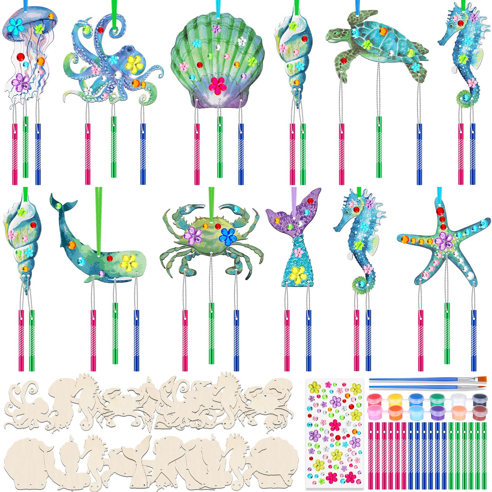 JellyArch 30 Pack Summer Ocean Wind Chime Kit for Adults, Sea Animals Beach Crafts DIY Make Your Own Marine Creature Shell Whale Wind Chime Ornaments