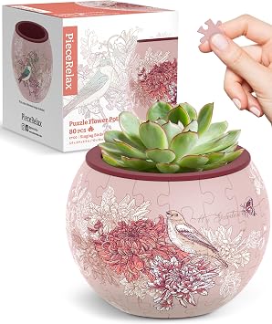 PieceRelax 3D Puzzle Planter - Singing Birds and Flowers - Danish Folklore Style, for Mom, Home Decor Flower Pots for Indoor Cactus, Succulents Pots [K1100]