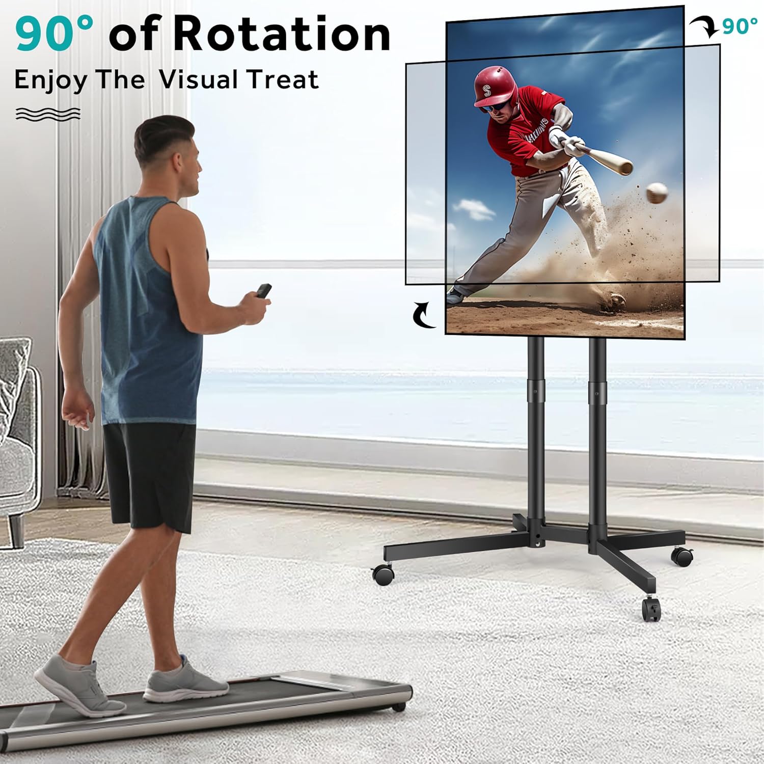 Mobile TV Cart for 32-75 Inch Screens, Rolling Stand with Tilting and Rotating Mount, Adjustable from Portrait to Landscape, 52 Inch Fixed Height, Supports up to 110 lbs, Max VESA 400x400mm