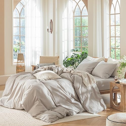 Miniatura 3 de MooMee - Juego de funda de edredón, 100% algodón lavado, textura parecida al lino, transpirable, duradero, suave y cómodo (gris crema jaspeado, king