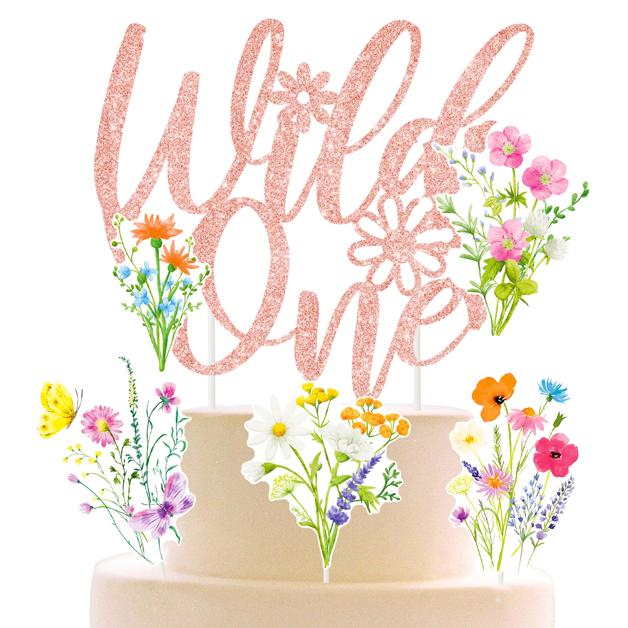 Wild One Flower Cake Topper 4Pcs Wildflower Birthday Cake Decorations Wildflower Theme 1st Birthday Decoration Wild One Cupcake Cake Picks for Wildflower First Baby Shower Supplies