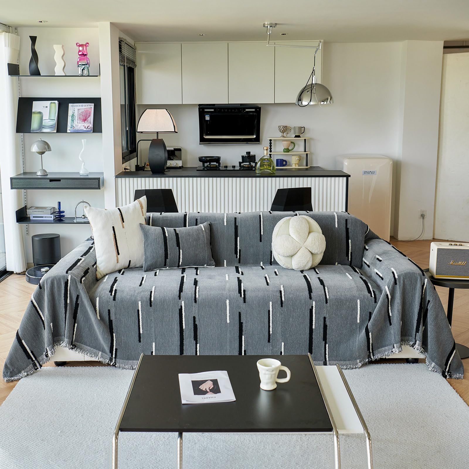 STACYPIK Grey Chenille Sofa Cover with Black Stripes, Anti Scratch & Non Slip Couch Protector, Washable Couch Cover Throw for 3 Seater Sofa, Ideal for