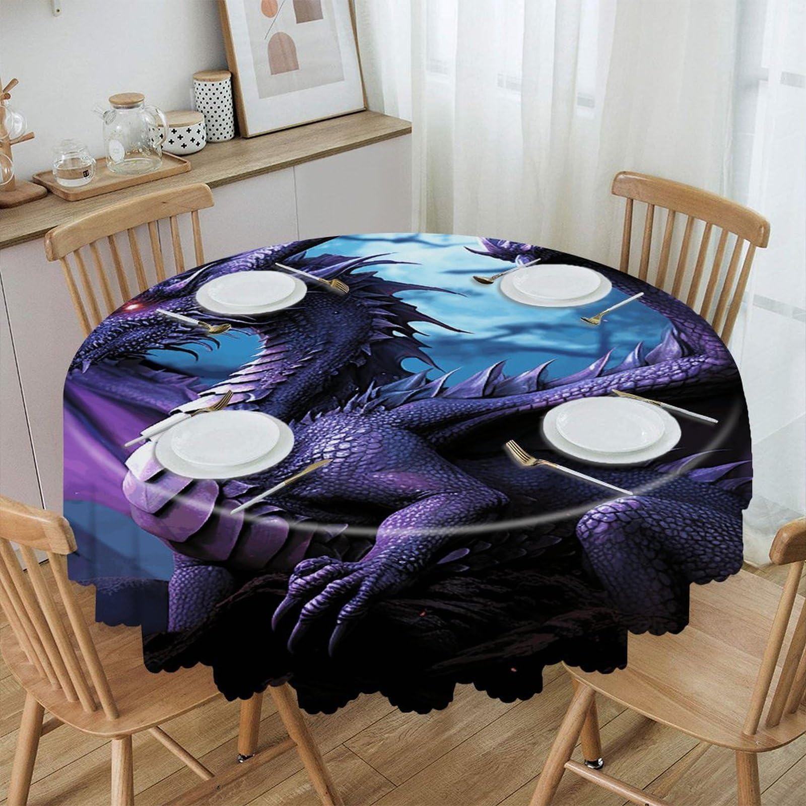 VstaDank Purple Dragon Purple Moon Round Tablecloth Premium Polyester Table Cloth Heavy Duty Washable Fabric Tablecloth Waterproof Holiday Table Cover Decorative Tablecloths for Dining 60"