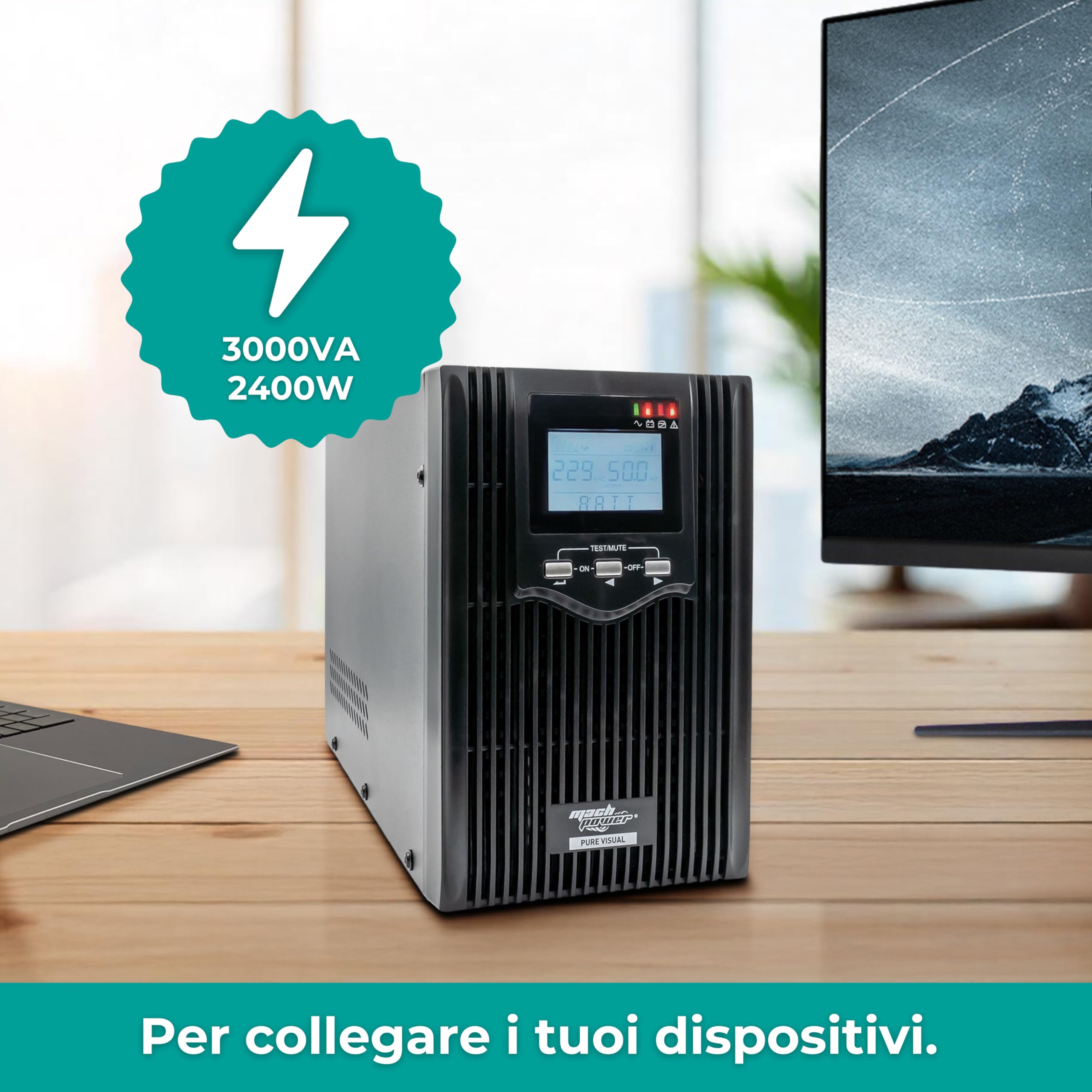 UPS line interactive 3000VA/2400W onda sinusoidale pura AVR 4 batterie 12V/9Ah 3 uscite IEC gruppo continuità per PC