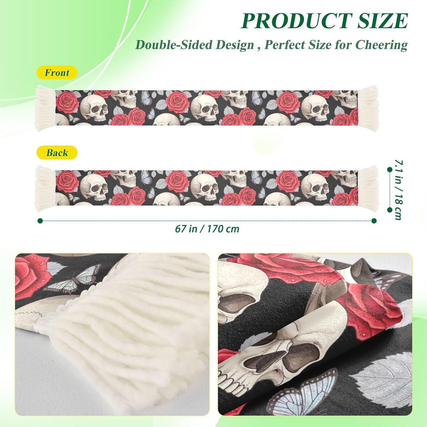CHIFIGNO Skulls Rose Black Sports Fan Scarf, Soft Polyester Soccer Scarf, Quick Dry Sweat Towel, Vibrant Print, Game Day Essential