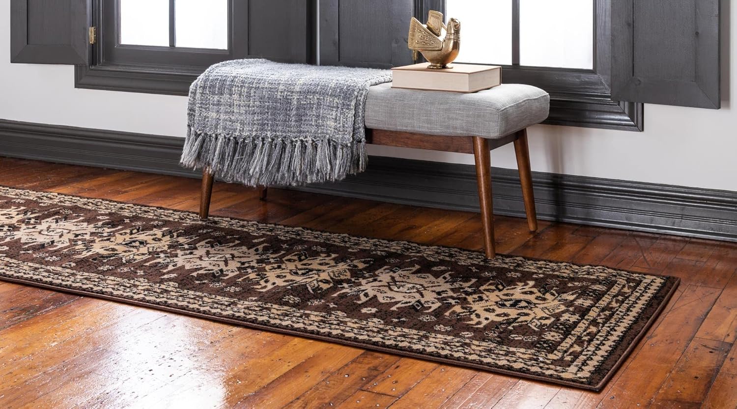 Taftan Brown and Cream Synthetic Runner Rug