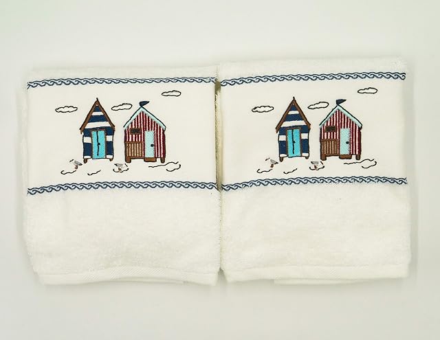 Lex's Linens Pack of 2 Embroidered Beach Hut/Seaside Hand Towels