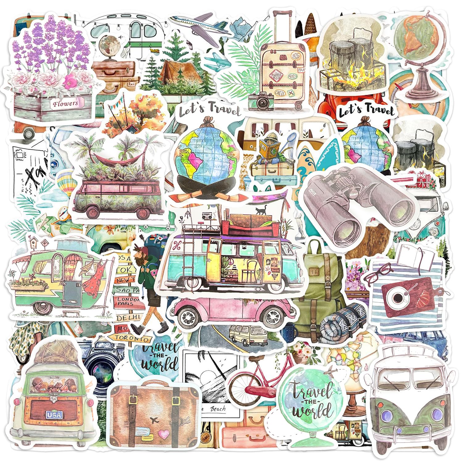 100 Pcs Travel Scrapbooking Stickers | Waterproof Vintage Car Beach Aesthetic Stickers for Journaling Water Bottle Laptop | Scrap Book Accessories Adults for Suitcases Travel Scrapbook — image 1