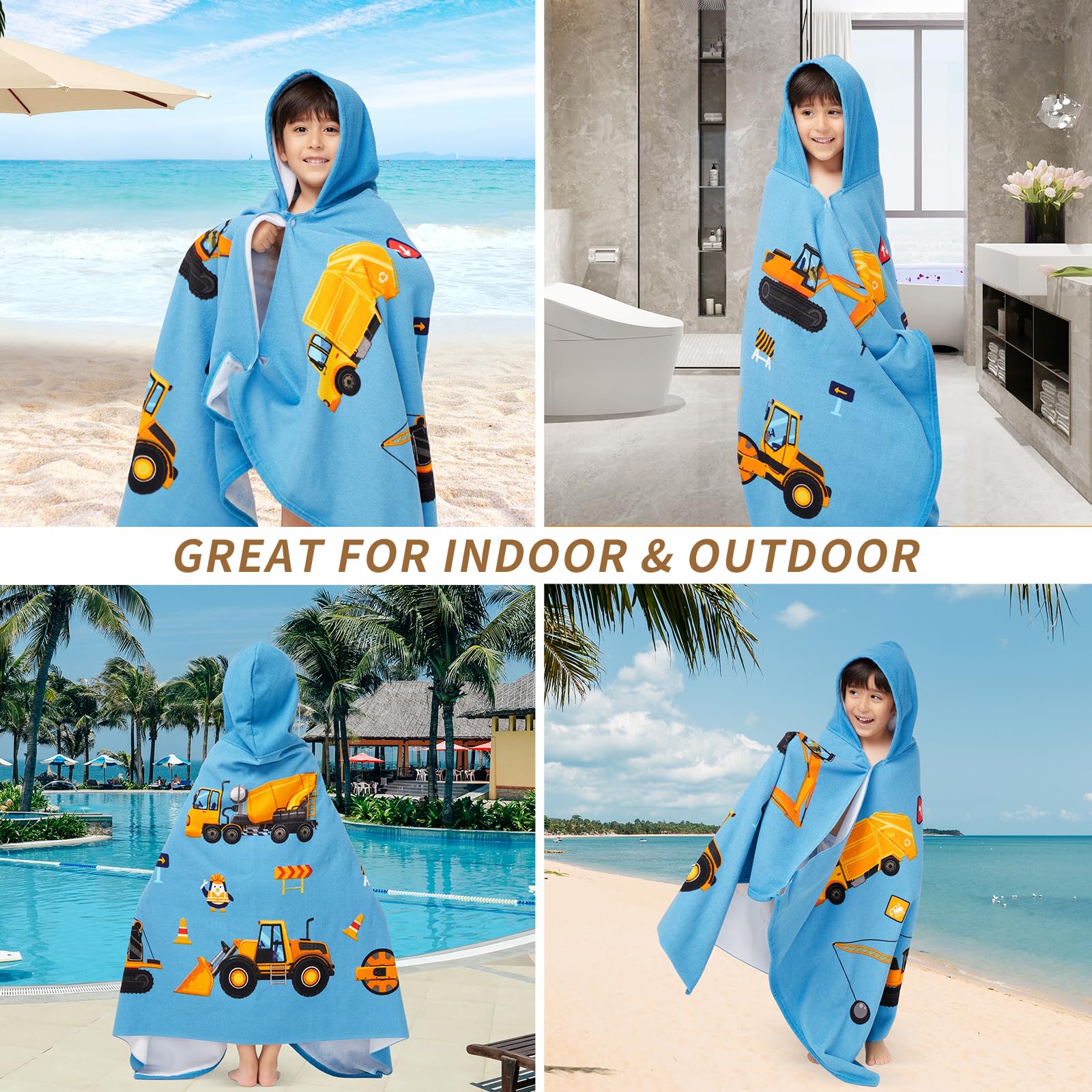 Gealaek Kapuzenhandtuch für Kleinkinder von 5–12 Jahren, Jungen, Mädchen, Kinder, Bad, Pool, Strandtuch, Wickeltuch, extra groß, weich, saugfähig, Strandponcho (Baustelle XL)