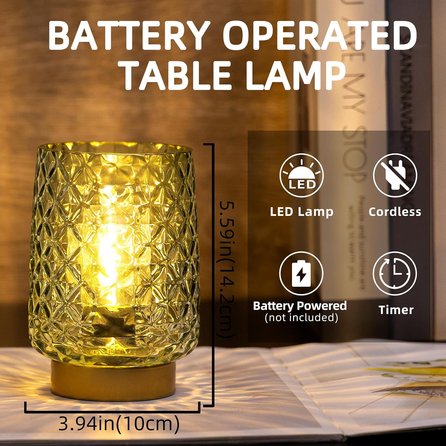 MJ Cordless Lamp with Timer - Battery Operated Green Aesthetic Lamp for Valentine's Day Battery Lamps for Home Cordless Kitchen Countertop Small Beside Lamps for Living Room, Entryway, Dorm